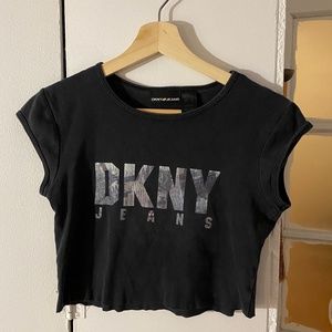Vintage DKNY Logo Cropped Baby Tee in Black S